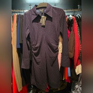 Navy Pinstripe Zip Front Dress